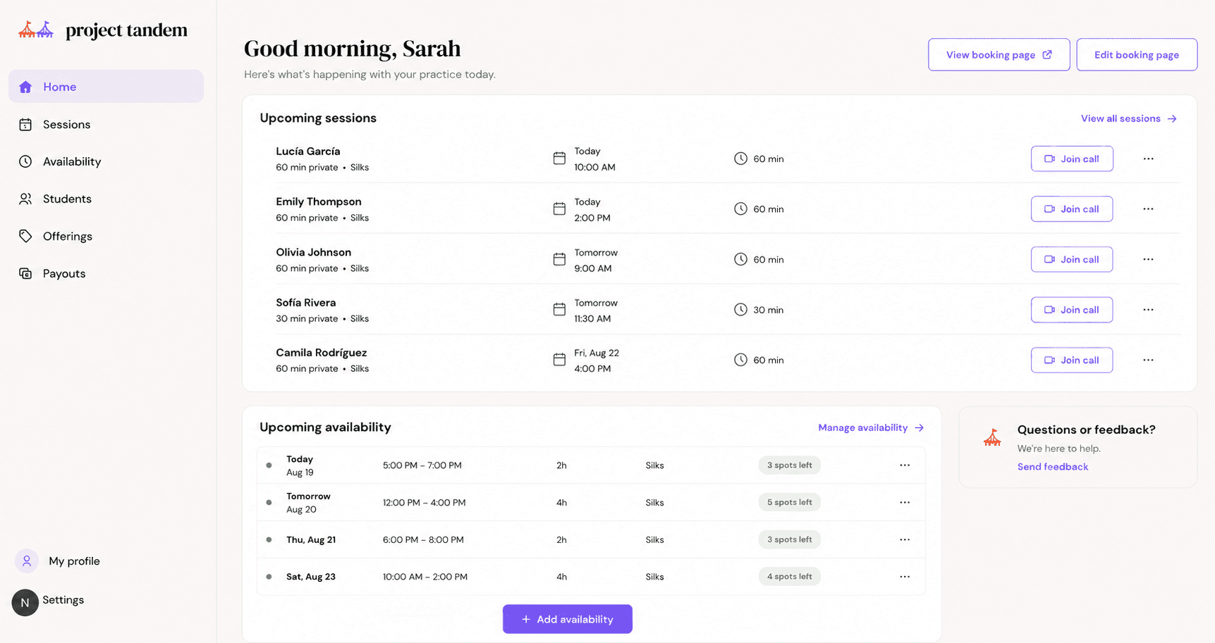 Coach home dashboard showing upcoming sessions and availability